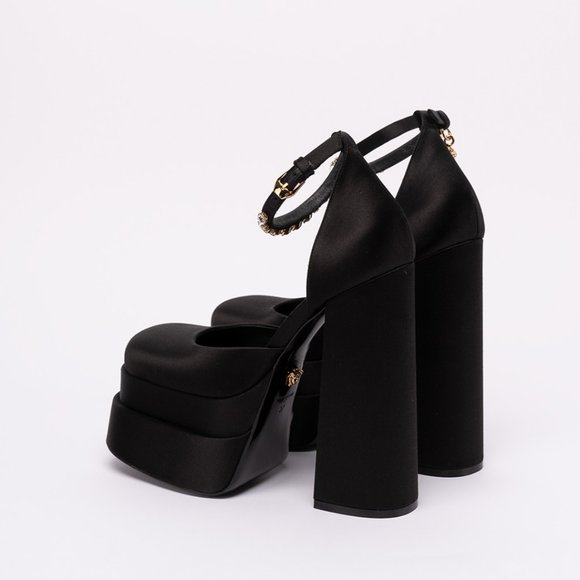 Versace Aevitas Satin Platform Pumps Ankle Strap Medusa Charm Square Toe Sz 38.5 - Picture 2 of 10